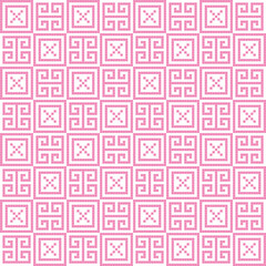 Pink cross-stitch knitting pattern on white background. Pink square dots on white backdrop. Monochrome fabric pattern design for sale. Knitting handicraft art.