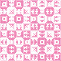 Pink cross-stitch knitting pattern on white background. Pink square dots on white backdrop. Monochrome fabric pattern design for sale. Knitting handicraft art.