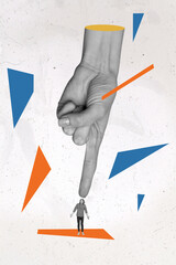 Collage photo of absurd big caricature finger pointing little miniature man student dont know idea...