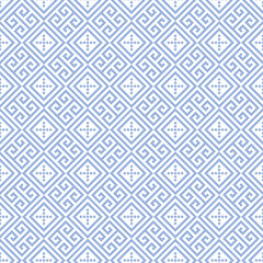 Blue cross-stitch knitting pattern on white background. Blue square dots on white backdrop. Monochrome fabric pattern design for sale. Knitting handicraft art.