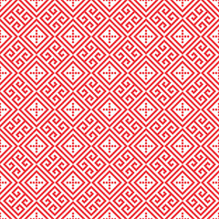 Red cross-stitch knitting pattern on white background. Red square dots on white backdrop. Monochrome fabric pattern design for sale. Knitting handicraft art.