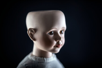 Creepy doll face on dark background