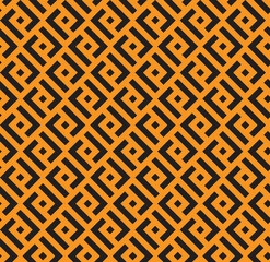 Black L-shaped interlaced pattern on orange background. Black interlocking pattern on orange backdrop.