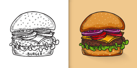 Burger fast food sketch Vector illustration, Icon of Colorful Tasty Burger