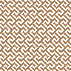 White cross-stitch knitting pattern on brown background. White square dots on brown backdrop. Monochrome fabric pattern design for sale. Knitting handicraft art.