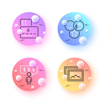 Like, Photo album and Employee benefits minimal line icons. 3d spheres or balls buttons. Card icons. For web, application, printing. Social media likes, Image gallery, Salary man. Bank payment. Vector
