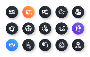 Minimal set of Global business, Faq and Clipboard flat icons for web development. User notification, Vaccination announcement, Vision test icons. Repairman, Video conference. Vector