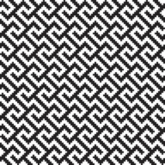 Black cross-stitch knitting pattern on white background. Black square dots on white backdrop. Monochrome fabric pattern design for sale. Knitting handicraft art.