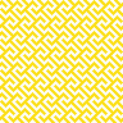 Yellow cross-stitch knitting pattern on white background. Yellow square dots on white backdrop. Monochrome fabric pattern design for sale. Knitting handicraft art.