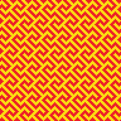 Red cross-stitch knitting pattern on yellow background. Red square dots on yellow backdrop. Monochrome fabric pattern design for sale. Knitting handicraft art.