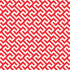 Red cross-stitch knitting pattern on white background. Red square dots on white backdrop. Monochrome fabric pattern design for sale. Knitting handicraft art.