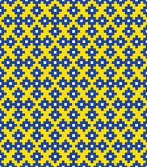 Blue cross-stitch knitting pattern on yellow background. Blue square dots on yellow backdrop. Colored fabric pattern design for sale. Knitting handicraft art.