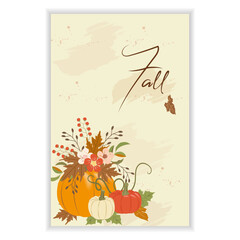 Trendy Autumn, Fall decorative backgrounds, templates with colored leaves and pumpkin. Graphic design for social media posts, mobile apps, cards, invitations, banners design. Vector illustration