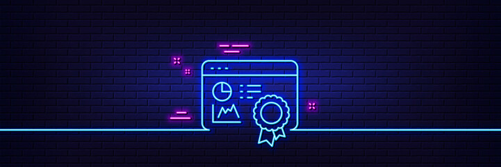 Neon light glow effect. Seo statistics line icon. Search engine certificate sign. Analytics chart symbol. 3d line neon glow icon. Brick wall banner. Seo certificate outline. Vector