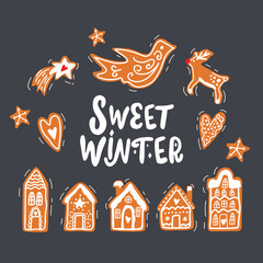 Christmas sign - Sweet winter with cute gingerbreads. Vector Winter quote on dark background.