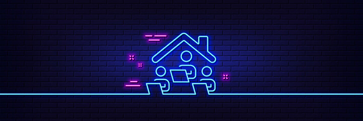 Neon light glow effect. Work at home line icon. Teamwork sign. Remote office symbol. 3d line neon glow icon. Brick wall banner. Work home outline. Vector