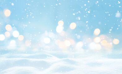 Beautiful winter light elegant background with blurry christmas lights, snowdrifts and and light...