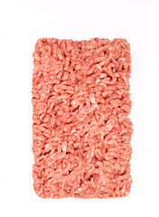 Raw minced meat isolated on a white background, top view. A packshot photo for package design.