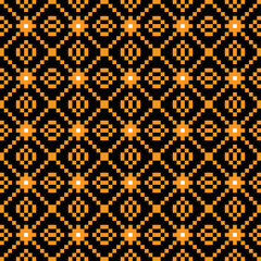 Orange cross-stitch knitting and white dots pattern on black background. Orange and black square dots on black backdrop. Fabric pattern design for sale. Knitting handicraft art.
