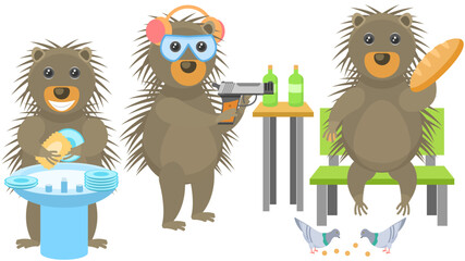 Set Abstract Collection Flat Cartoon Different Animal Porcupine Feeding Pigeons Bread, Washing Dishes In The Sink, Shoots Bottles With A Pistol Vector Style Elements Fauna Wildlife