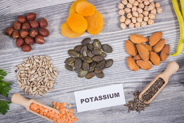Healthy food and various ingredients containing natural potassium, vitamin K and other vitamins