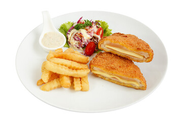 Pork cutlet served with french fries and tartar sauce.