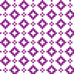 Purple cross-stitch knitting pattern on white background. Purple square dots on white backdrop. Fabric pattern design for sale. Knitting handicraft art.