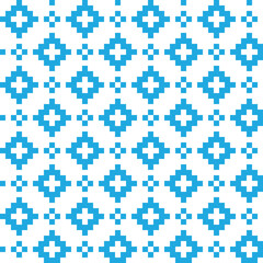 Blue cross-stitch knitting pattern on white background. Blue square dots on white backdrop. Fabric pattern design for sale. Knitting handicraft art.