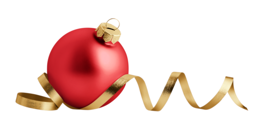 Christmas ornament isolated on white background. Red christmas ball with gold ribbon