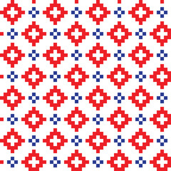 Red and blue cross-stitch knitting pattern on white background. Red and blue square dots on white backdrop. Fabric pattern design for sale. Knitting handicraft art.