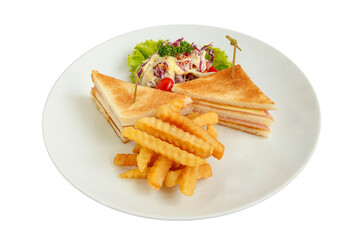 Club sandwich and French fries.