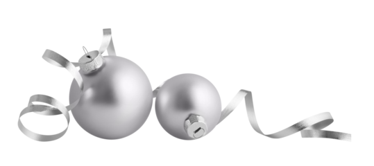 Christmas balls isolated on white background. Two silver christmas ornaments with ribbon