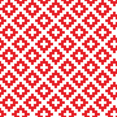 Red cross-stitch knitting pattern on white background. Red square dots on white backdrop. Fabric pattern design for sale. Knitting handicraft art.