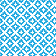 Fototapeta premium Blue cross-stitch knitting pattern on white background. Blue square dots on white backdrop. Fabric pattern design for sale. Knitting handicraft art.
