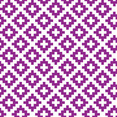 Purple cross-stitch knitting pattern on white background. Purple square dots on white backdrop. Fabric pattern design for sale. Knitting handicraft art.