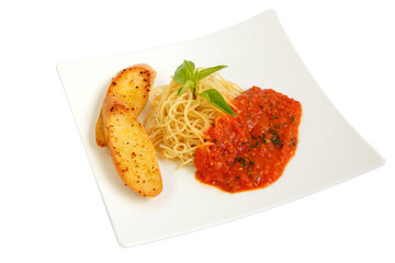 Spaghetti on white plate with rich tomatoes.
