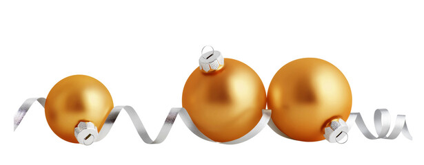 Christmas balls isolated on white background. Three gold christmas ornaments with silver ribbon