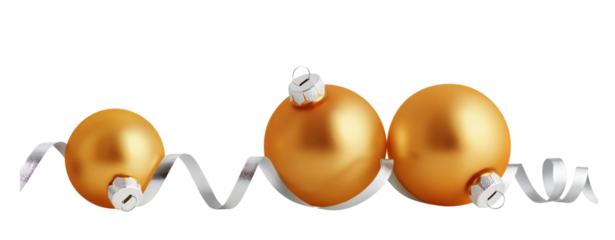 Christmas balls isolated on white background. Three gold christmas ornaments with silver ribbon