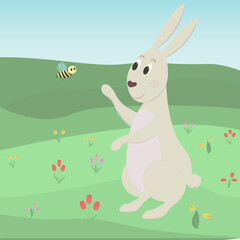 Spring rabbit touching flying bee