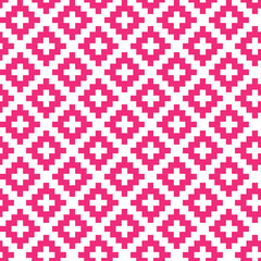 Pink cross-stitch knitting pattern on white background. Pink square dots on white backdrop. Fabric pattern design for sale. Knitting handicraft art.