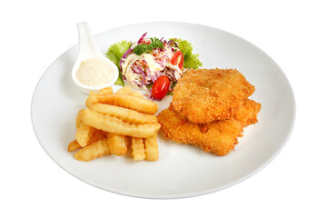 Fish and chip with French fries, coleslaw, cherry tomatoes, tartar sauce. - Powered by Adobe