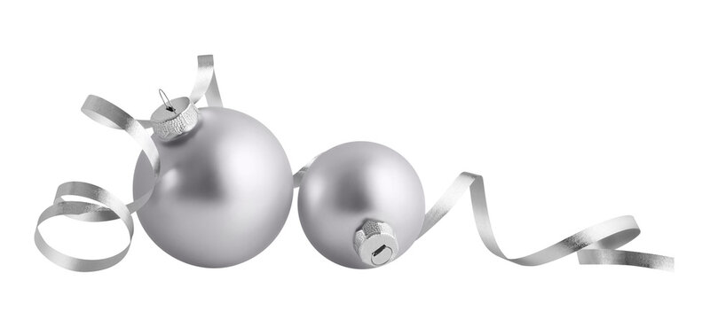 Christmas balls isolated on white background. Two silver christmas ornaments with ribbon