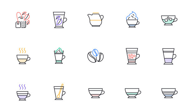 Coffee types and Tea icons. Mocha, Cappuccino and Latte. Americano cup linear icon set. Bicolor outline web elements. Vector