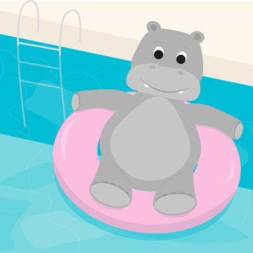 hippo on the swimming circle in the pool