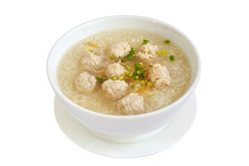 Boiled rice with minced pork in white bowl. Thailand is a popular breakfast.