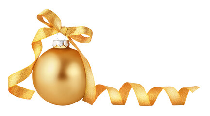 Christmas ball isolated on white background. Gold christmas ornament with ribbon