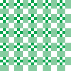 White and green square dots on white and green checker pattern background.