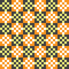 White and yellow square dots on black and orange checker pattern background. Halloween background.