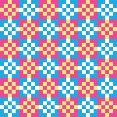 White and yellow square dots on pink and blue checker pattern background.