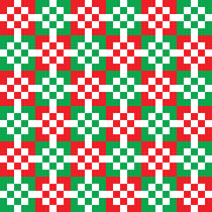 Fototapeta premium White square dots on red and green checker pattern background. Christmas background.